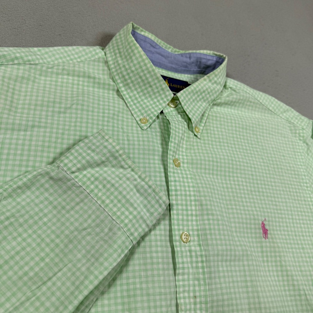 Ralph Lauren Mens Green Gingham Cotton Stretch Button Down Shirt Large